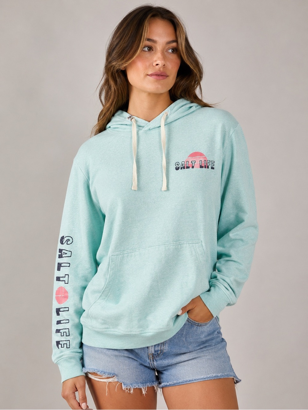 Salt Life Mint Green Pullover Hoodie with Pink Sun Accent